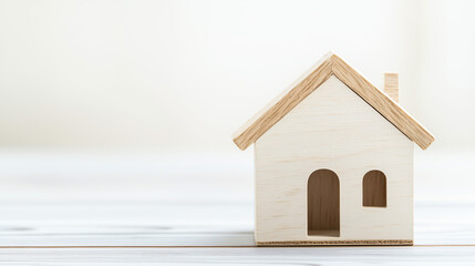 Miniature House: A small, handcrafted wooden house with a simple, modern design stands on a wooden surface, the perfect representation of home, family, and property ownership.