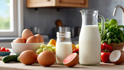 Healthy baking ingredients with milk and raw eggs on a kitchen table. Variety of creamy dairy farm products for cooking. Food concept for advertising.