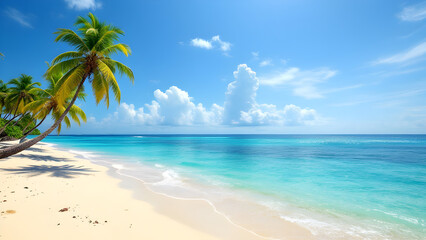 Fototapeta premium Tropical Paradise Beach with Palm Trees and Turquoise Ocean Under Blue Sky