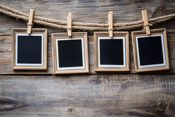 Four empty photo frames on a rope with wooden background ready for memories