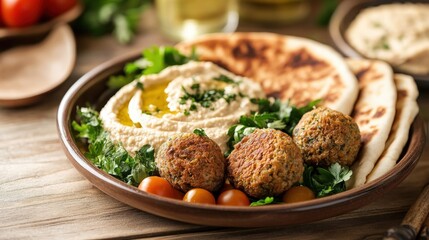 A delicious plate of falafel hummus pita bread and tomatoes