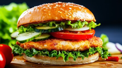 Close up of a juicy chicken burger on a wooden board, garnished with lettuce, tomato, and cucumber slices. The burger is illuminated with a warm light against a dark background.