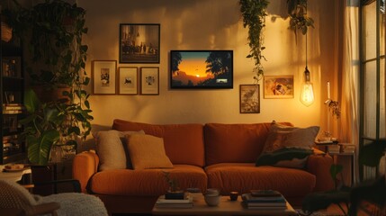Cozy Living Room Sunset ambiance with orange couch and plants