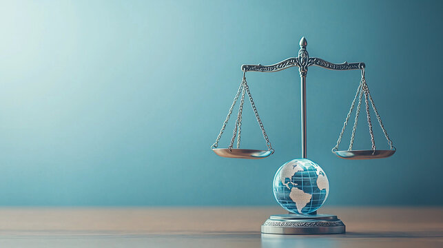Global Justice: A symbolic scale of justice balances the globe, against a blue gradient background, representing fairness, law, and international cooperation. 