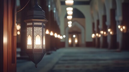 Obraz premium Intricate, illuminated lantern hangs in a grand hallway.