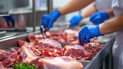 A high-definition, close-up scene of the meat processing stage in a small-scale catering processing factory. The image showcases workers skillfully handling and processing various meat cuts
