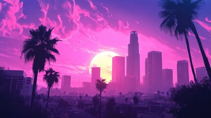 Los Angeles skyline with palm trees in the foreground