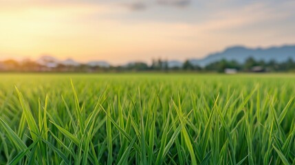 Obraz premium International Living Sustainability Concepts. Vibrant green rice field under a sunset sky.