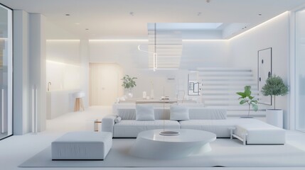 Ultra modern smart home living room AI controlled lighting sleek minimalist furniture clean white aesthetic isolated white background
