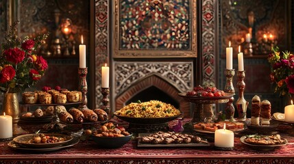 Fototapeta premium A lavish Middle Eastern feast is spread on a richly decorated table, illuminated by candlelight.