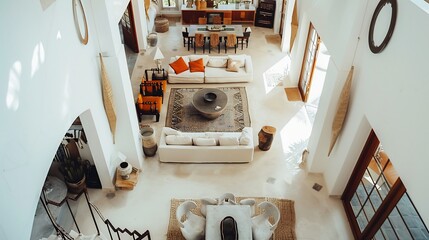 Wide aerial shot of Mediterranean villa living room elegant open layout panoramic terrace lush decor white background