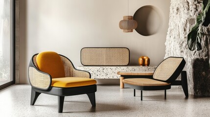 Modern material composition with mustard yellow, black, and wood elements, featuring terrazzo and woven rattan details.