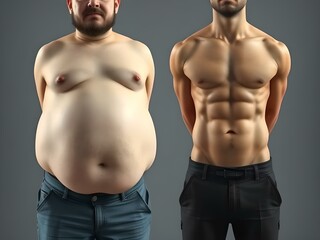 Before and after the transformation, on the one hand, a man with a fat belly, on the other- a man with a toned stomach. The concept of fitness, weight loss, progress