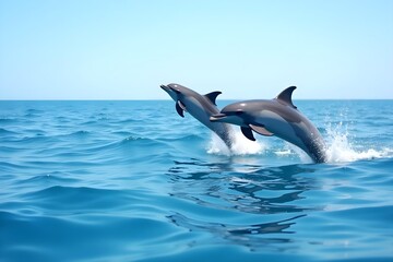Naklejka premium A Pod of Playful Dolphins Jumping in the Open Ocean