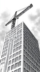 Fototapeta premium Low angle grayscale shot of a modern skyscraper under construction, with a construction crane reaching towards the sky against a cloudy background.