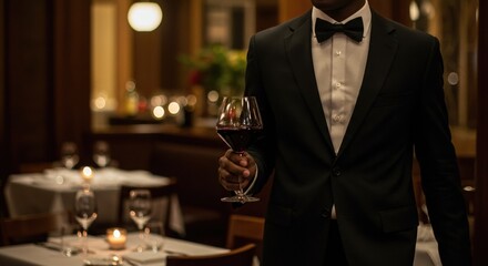 Elegant fine dining experience with a waiter holding a glass of red wine in a luxurious restaurant ambiance.