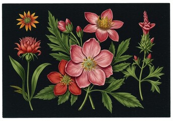 Detailed Botanical Illustration of Vibrant and Lush Flowers Against a Dark Background, Perfect for Floral Art and Home Decor