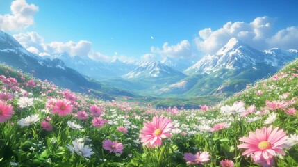 Flower Meadow Before Majestic Snowy Mountains