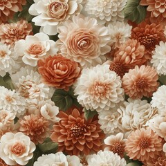 A Close-Up Display of Sculpted Creamy White and Burnt Orange Dahlia and Rose Blossoms Surrounded by Muted Green Accents in Beautiful Arrangement