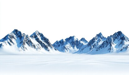 Panoramic view of a snow covered mountain range against a white background. The peaks are jagged and the snow is pristine, creating a serene winter landscape.