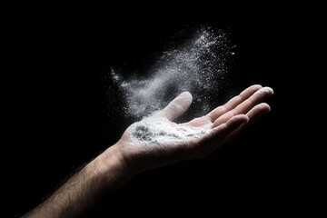 Hand Releasing White Powder in Dark Background for Culinary Use