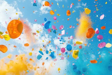 Colorful confetti falling against a bright blue sky with clouds