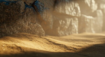 A wall with a stone wall and a sandy area in front of it