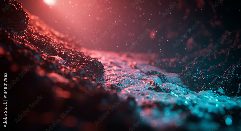 Poster a blurry image of a rocky landscape with a blue and red color scheme