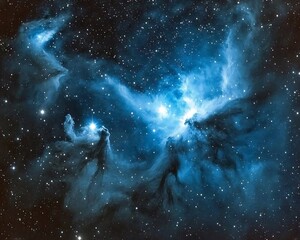 A vibrant blue nebula filled with many bright stars shining