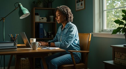 Focused woman working remotely from home office, productivity and comfort in work-from-home setting, ideal for freelancers and remote workers.