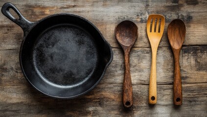 Rustic Kitchen Still Life: Cast Iron Skillet and Wooden Spoons