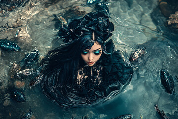 mysterious woman with dark hair and blue eyes in a lake