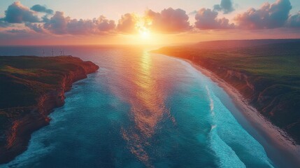 Fototapeta premium Aerial View Of Sunset Over Tropical Island Coastline With Golden Reflections