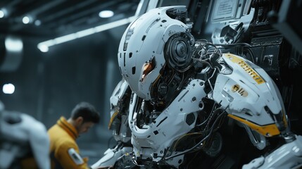 Fototapeta premium Advanced Robotics: A Futuristic Mech Under Maintenance