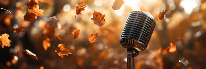 Autumnal Melodies: A Retro Microphone in a Falling Leaves Symphony