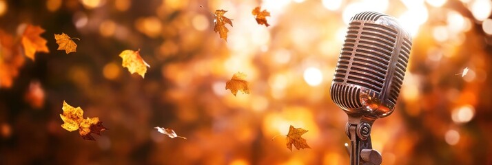 Autumn Acoustic Concert:  Vintage Microphone and Falling Leaves