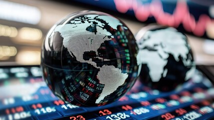 A digital globe highlighting continents on a financial market backdrop, symbolizing global trade and investment dynamics.
