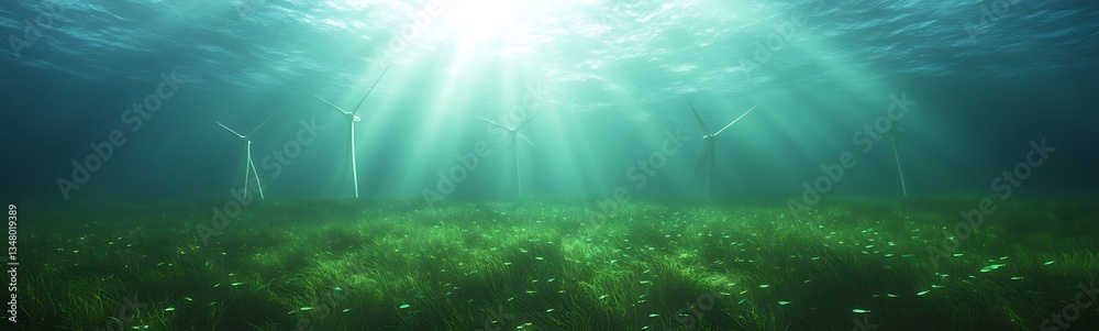 Poster a serene underwater scene featuring wind turbines surrounded by lush aquatic vegetation and illumina