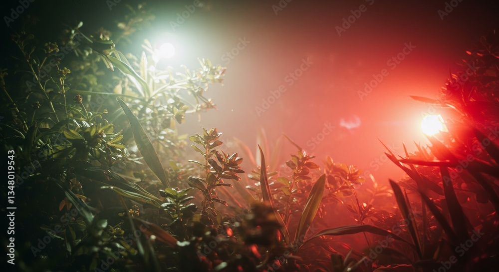 Poster a blurry image of a forest with two red lights shining on it
