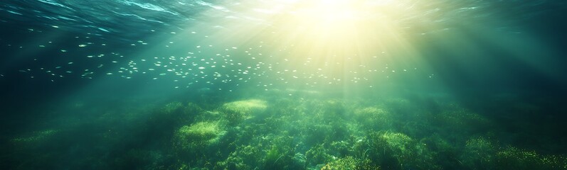 Fototapeta premium A serene underwater scene with sunlight filtering through water, illuminating vibrant aquatic plants and schools of fish.