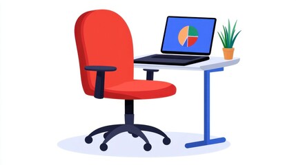 Fototapeta premium Red office chair next to a small white table with a laptop displaying a pie chart and a small potted plant. Pixel art style.
