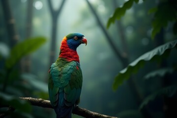 Obraz premium Resplendent Quetzal Bird Perched in a Misty Rainforest Canopy