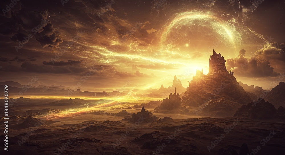 Poster a desert landscape with a large mountain in the background