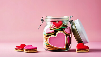 Jar filled with pink and red colored cookies. Food wallpaper concept for holidays, events, advertising, gatherings, valentines, christmas, presents, banners, backgrounds. Jar of heart shaped cookies 