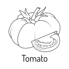 Black and white vector illustration of a tomato with a sliced piece. Simple line art design, perfect for coloring books, educational materials, kitchen decor, and healthy food-related projects.