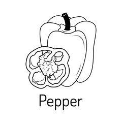 Black and white vector illustration of a bell pepper with a sliced piece. Simple line art style, ideal for coloring books, educational materials, kitchen decor, and healthy food-themed projects.