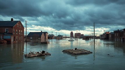 Flooded town under ominous clouds