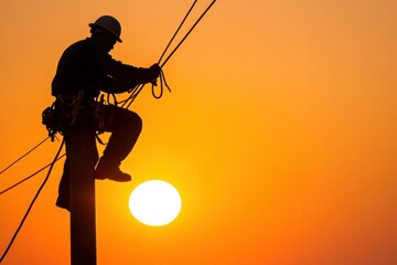 Silhouette of a Worker Climbing a Pole During Sunset at Dusk