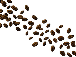 Obraz premium An artistic arrangement of scattered coffee beans on a white background, highlighting their rich texture and deep brown color.