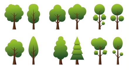 Collection of Green Tree Illustrations for Nature and Landscape Design, Ideal for Eco Projects and Environmental Posters